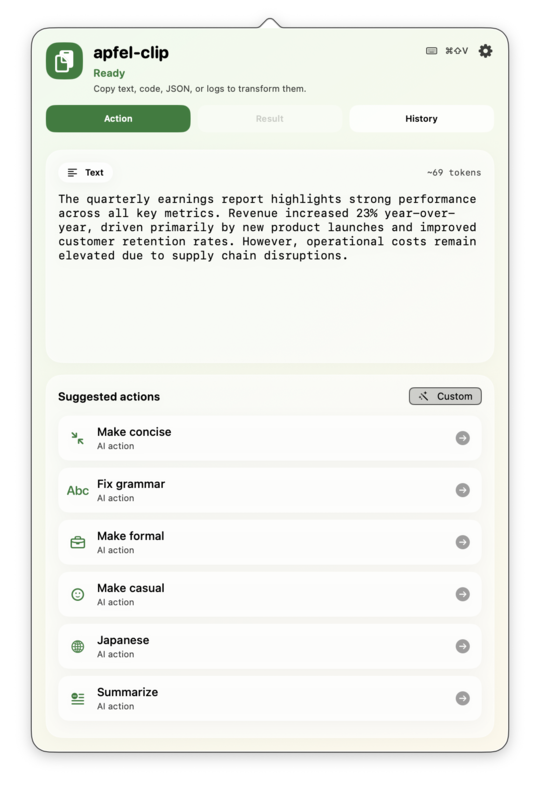 apfel-clip action list showing AI actions for clipboard text